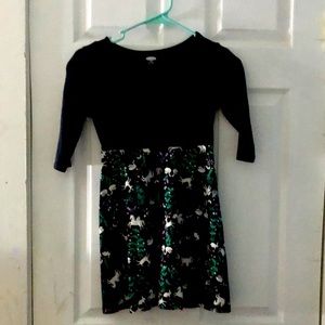 Black dress with unicorns and swans